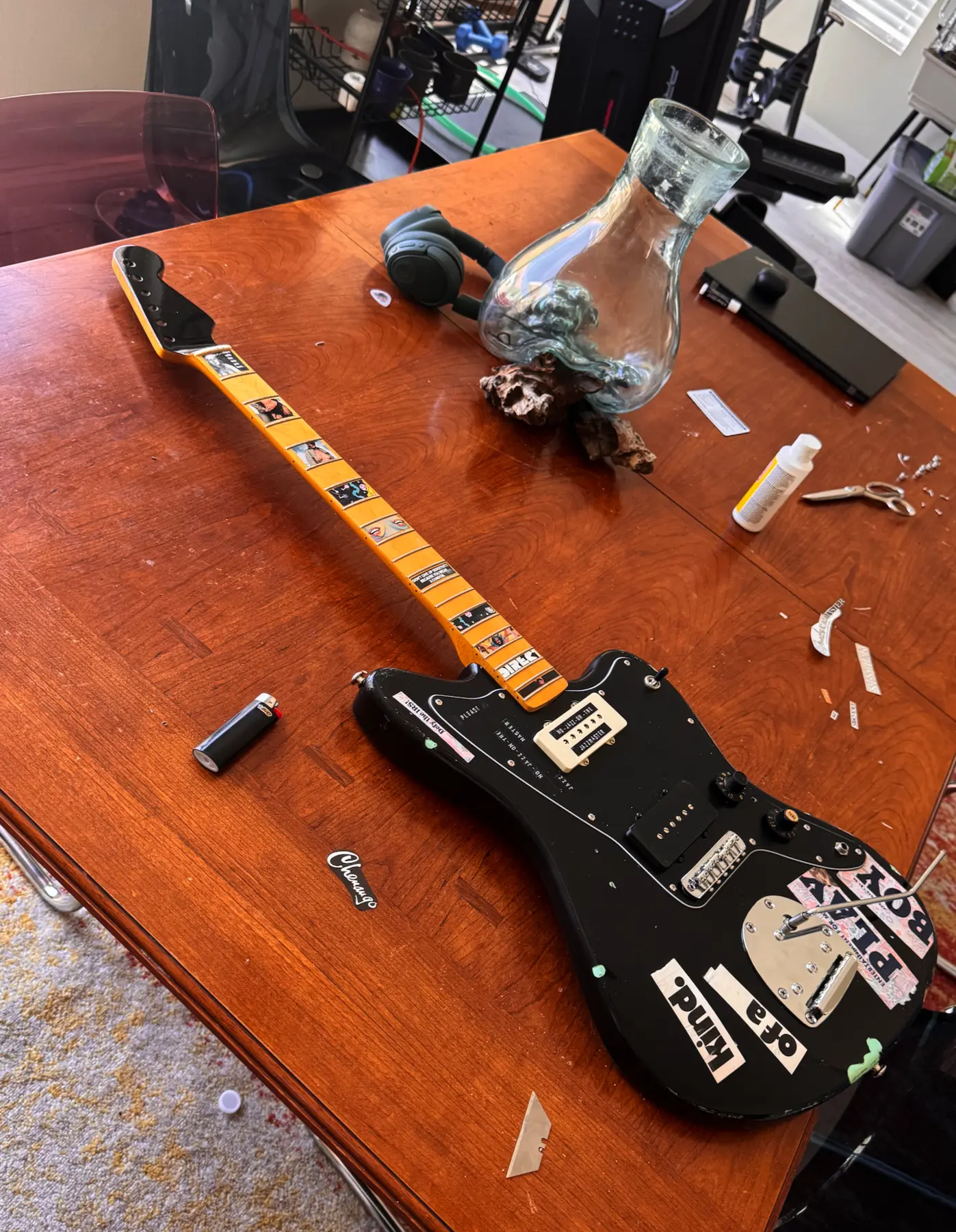 Custom guitar reassembled on the worktable during finishing
